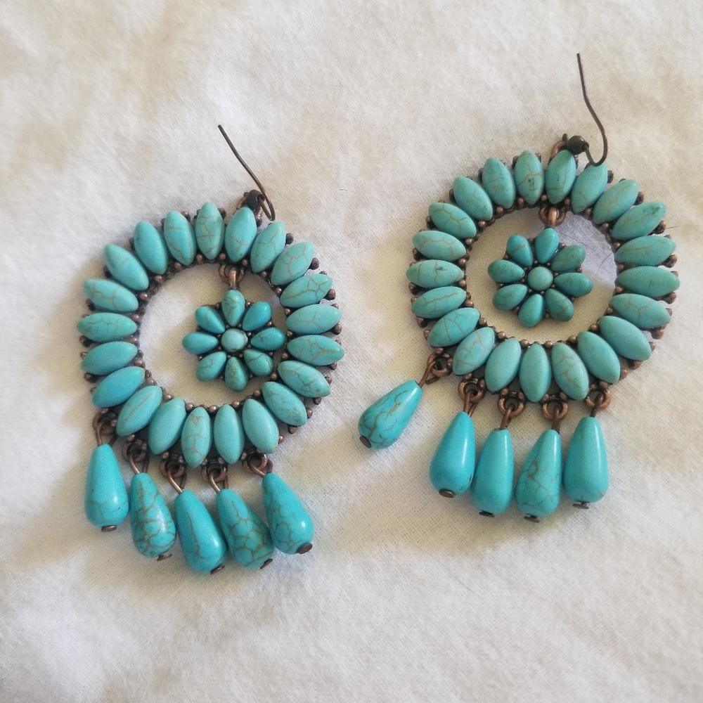Western style faux turquoise floral earrings